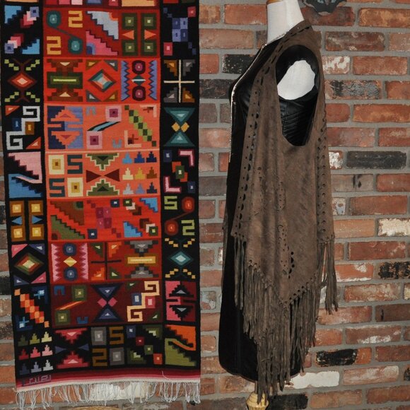 Brown Boho Faux Suede Laser Cut Hippie Fringe Vest Waistcoat Festival Unisex O/S - Picture 9 of 9